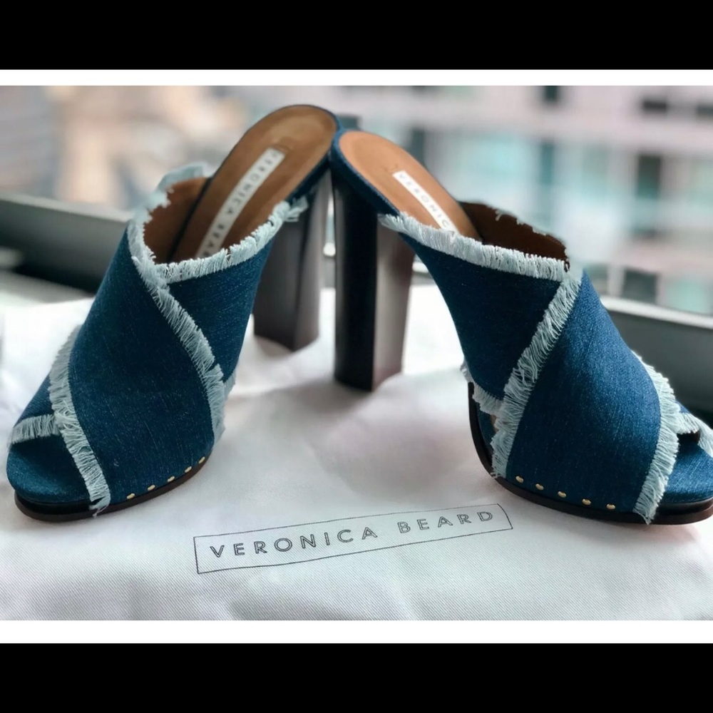 VB Veronica Beard Holt Frayed Denim Block-Heel